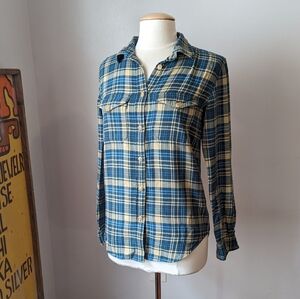Blue and Tan Plaid Women's Button Down Shirt by Filson Size S- Distressed